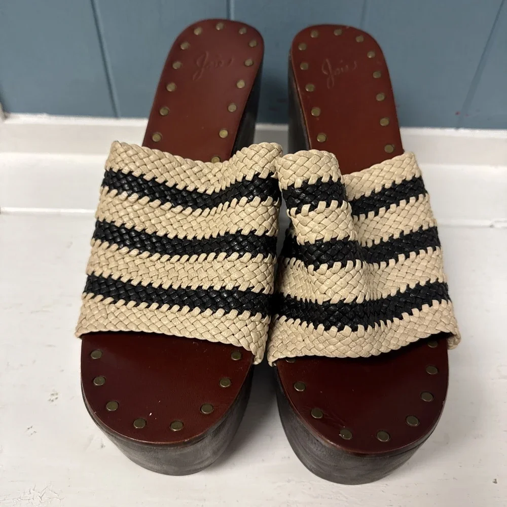 Joie Black Ivory Black Woven Stripe Braided Leather Platform Wood Wedges 10 - 40